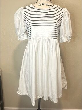 ADORABLE White Babydoll Dress with Black Stripes, Puff-Sleeves and flared skirt.